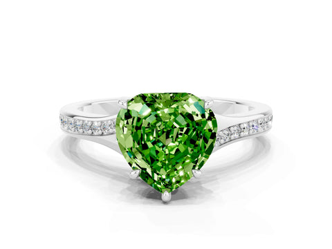 White gold Heart Cut Peridot Solitaire Ring with Pavé Band and Prong Setting