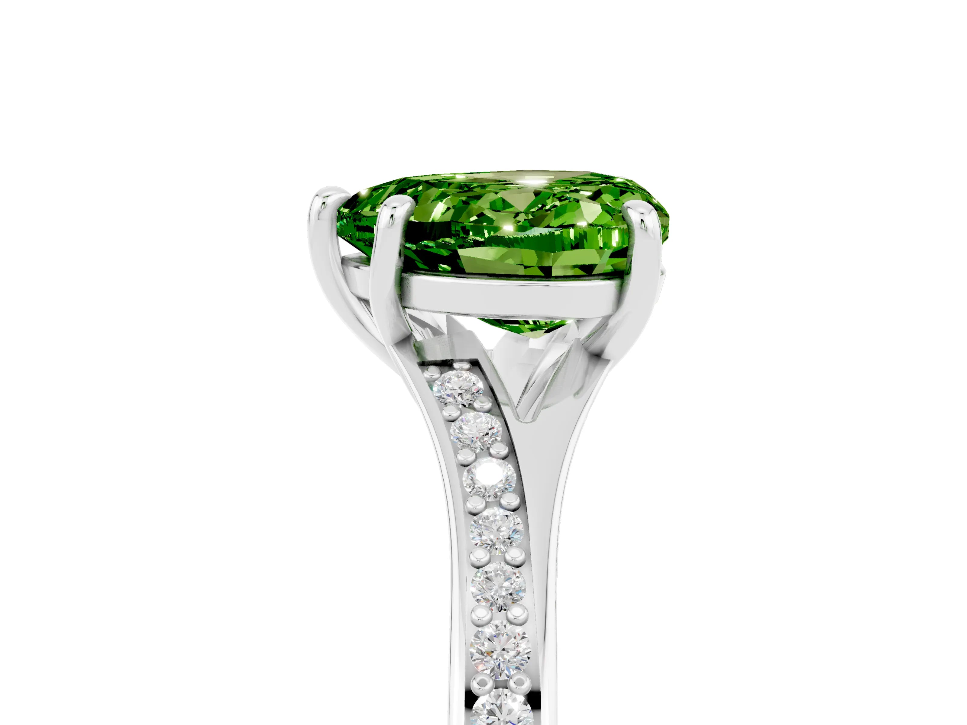 White gold Heart Cut Peridot Solitaire Ring with Pavé Band and Prong Setting_5