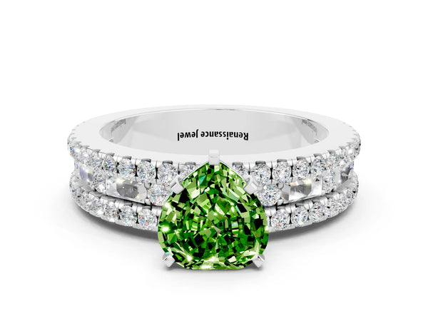 Platinum Heart Cut Peridot Solitaire Ring with Pavé and Channel Set Band