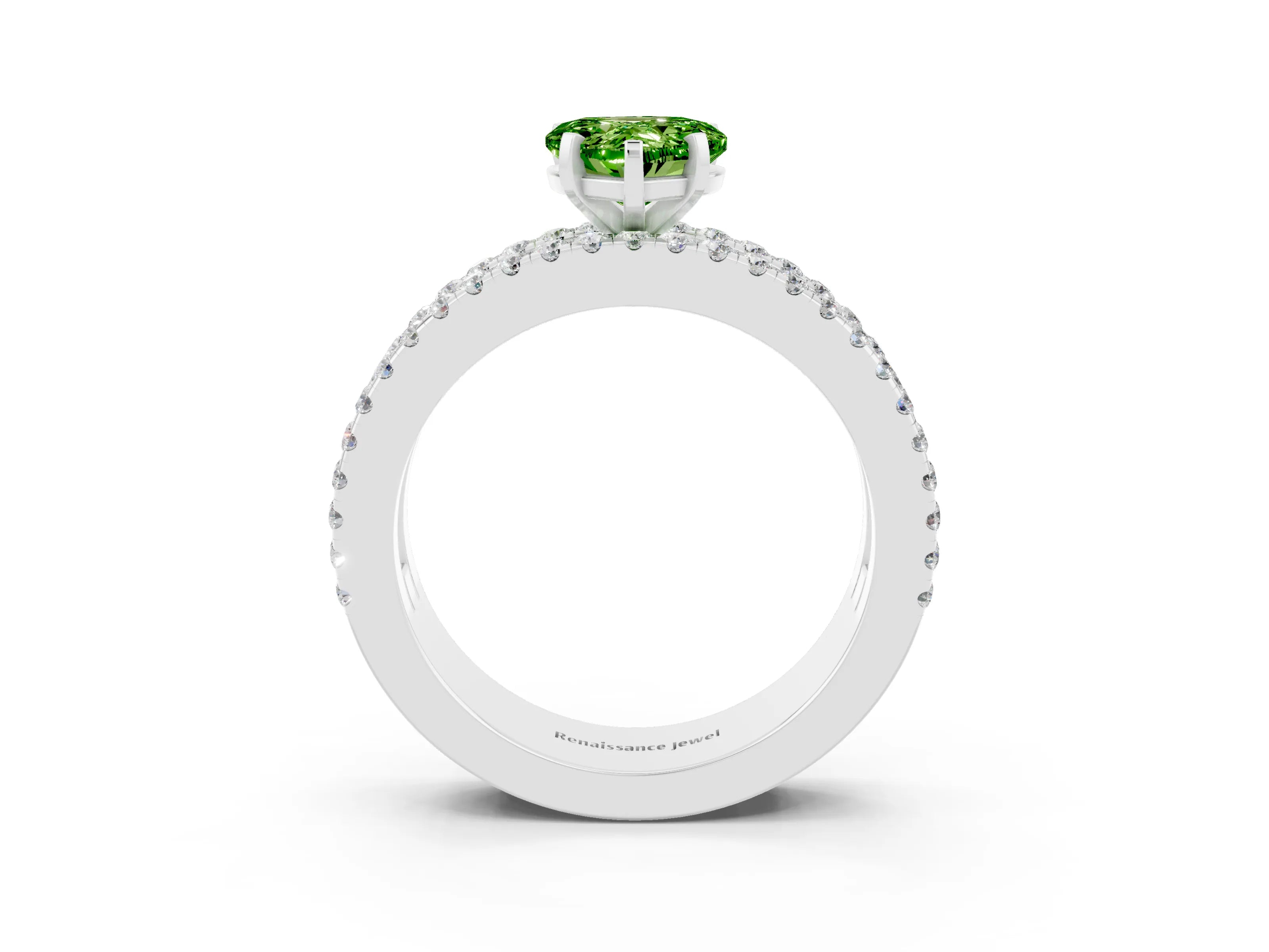 White gold Heart Cut Peridot Solitaire Ring with Pavé and Channel Set Band_3