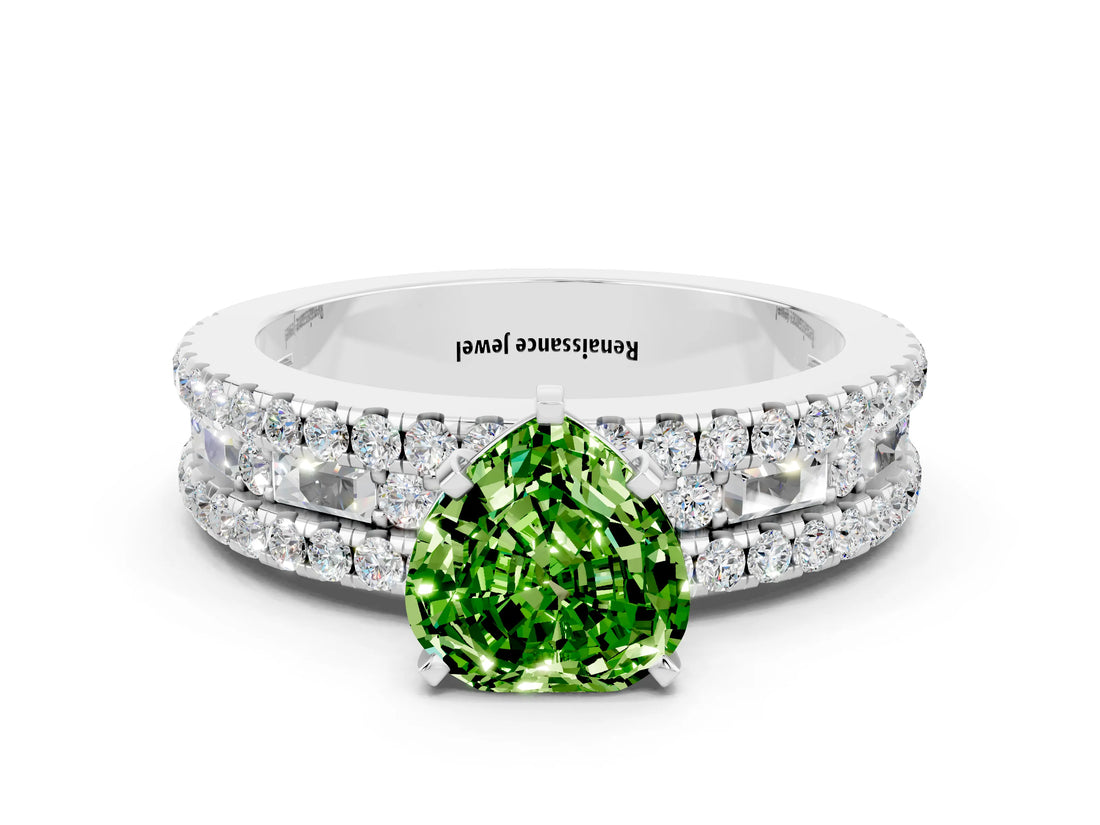 White gold Heart Cut Peridot Solitaire Ring with Pavé and Channel Set Band