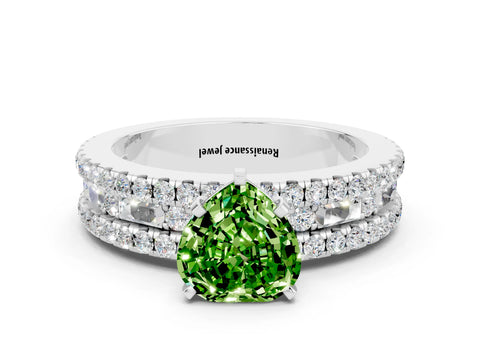 White gold Heart Cut Peridot Solitaire Ring with Pavé and Channel Set Band