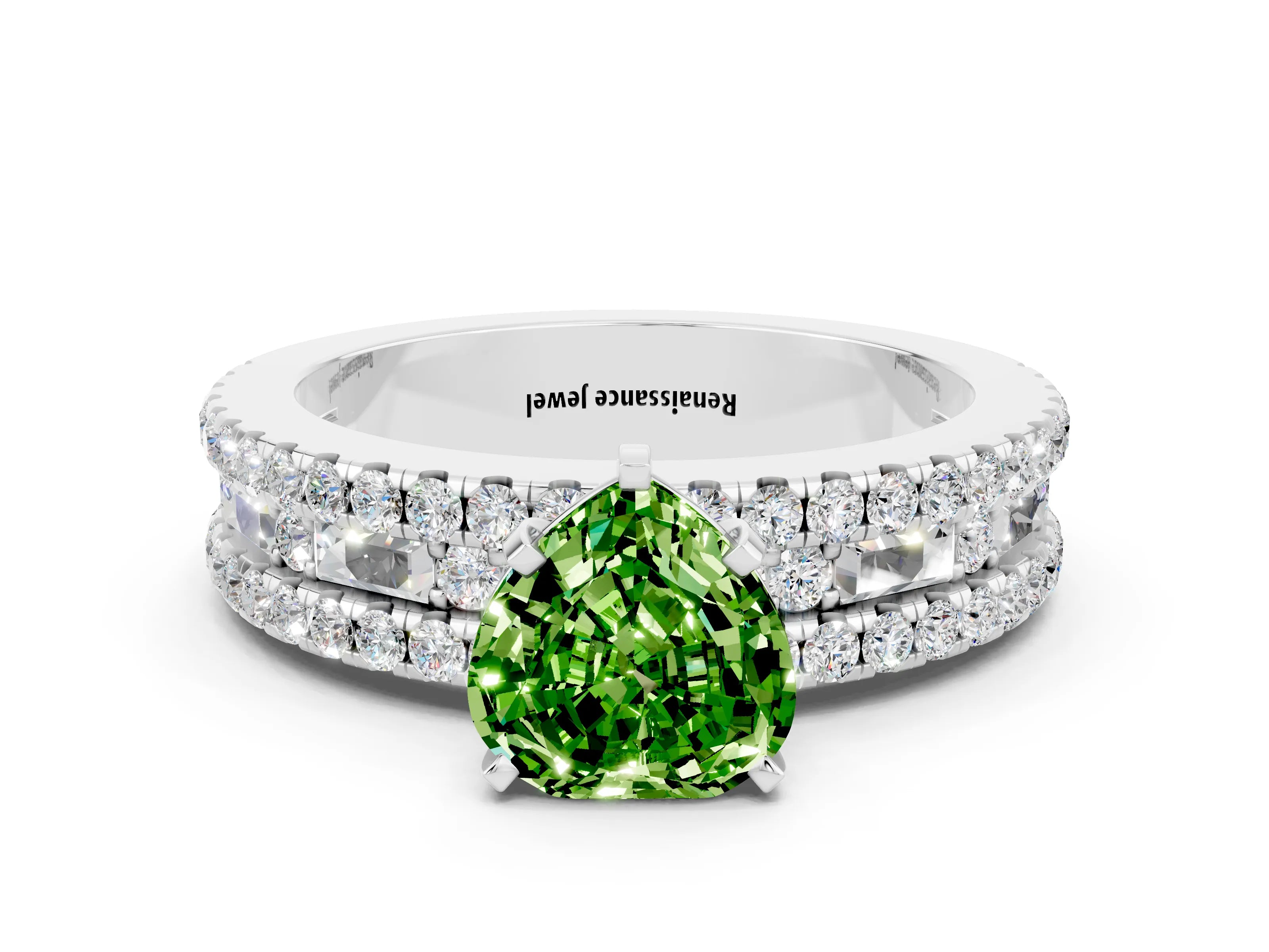White gold Heart Cut Peridot Solitaire Ring with Pavé and Channel Set Band