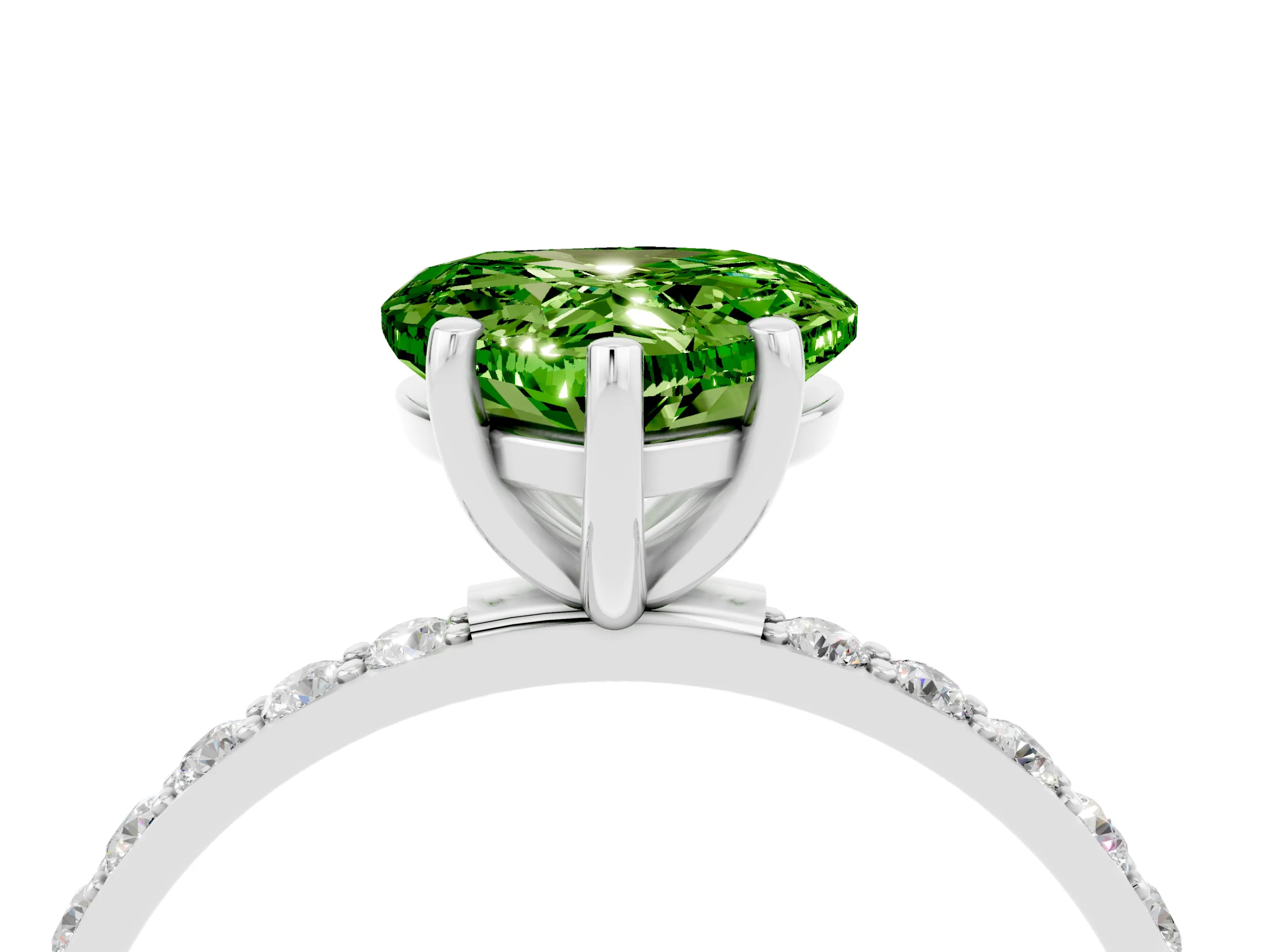 White gold Heart Cut Peridot Solitaire Ring with Pave Band and Four Prong Setting_16