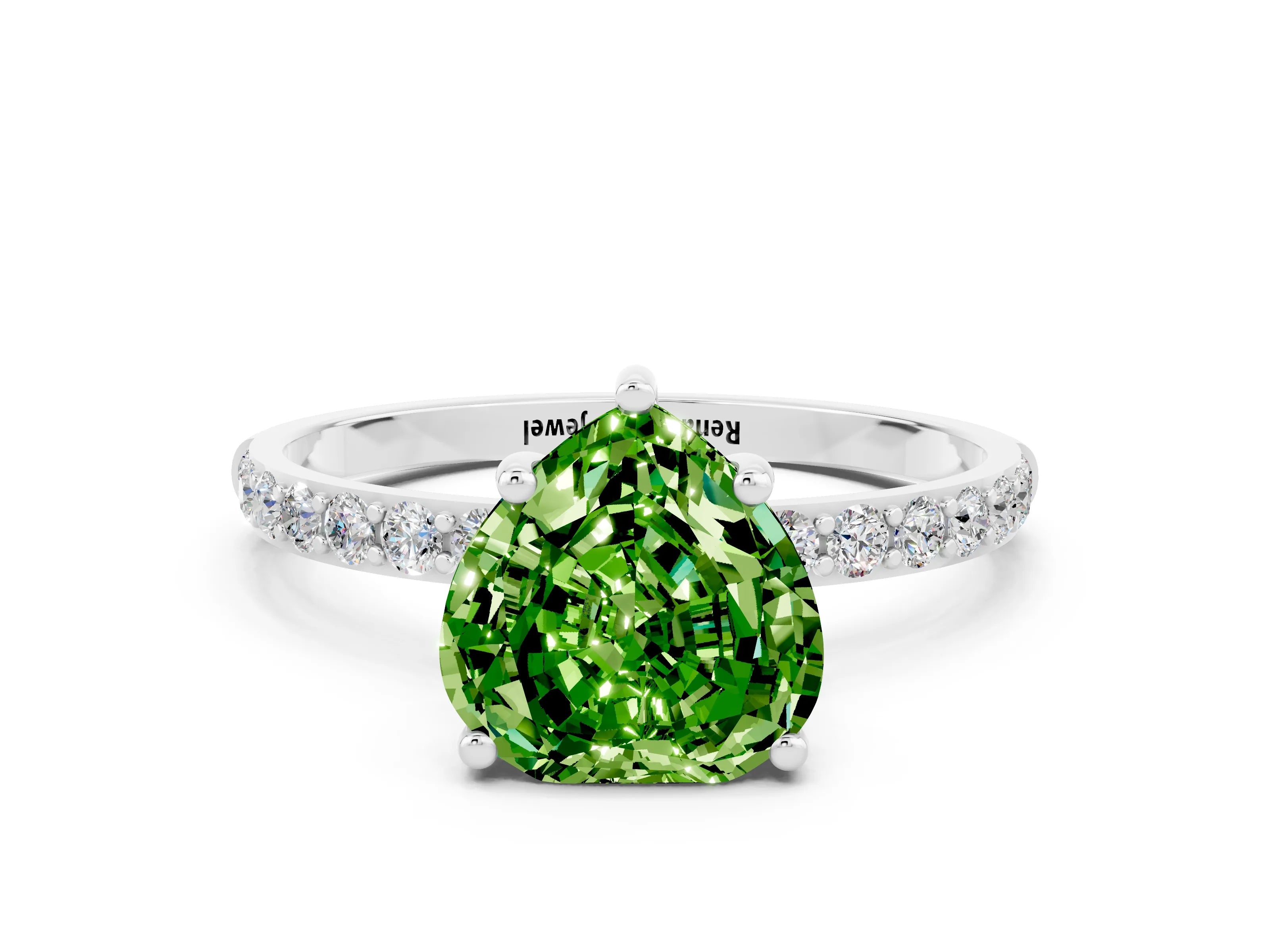 White gold Heart Cut Peridot Solitaire Ring with Pave Band and Four Prong Setting_24