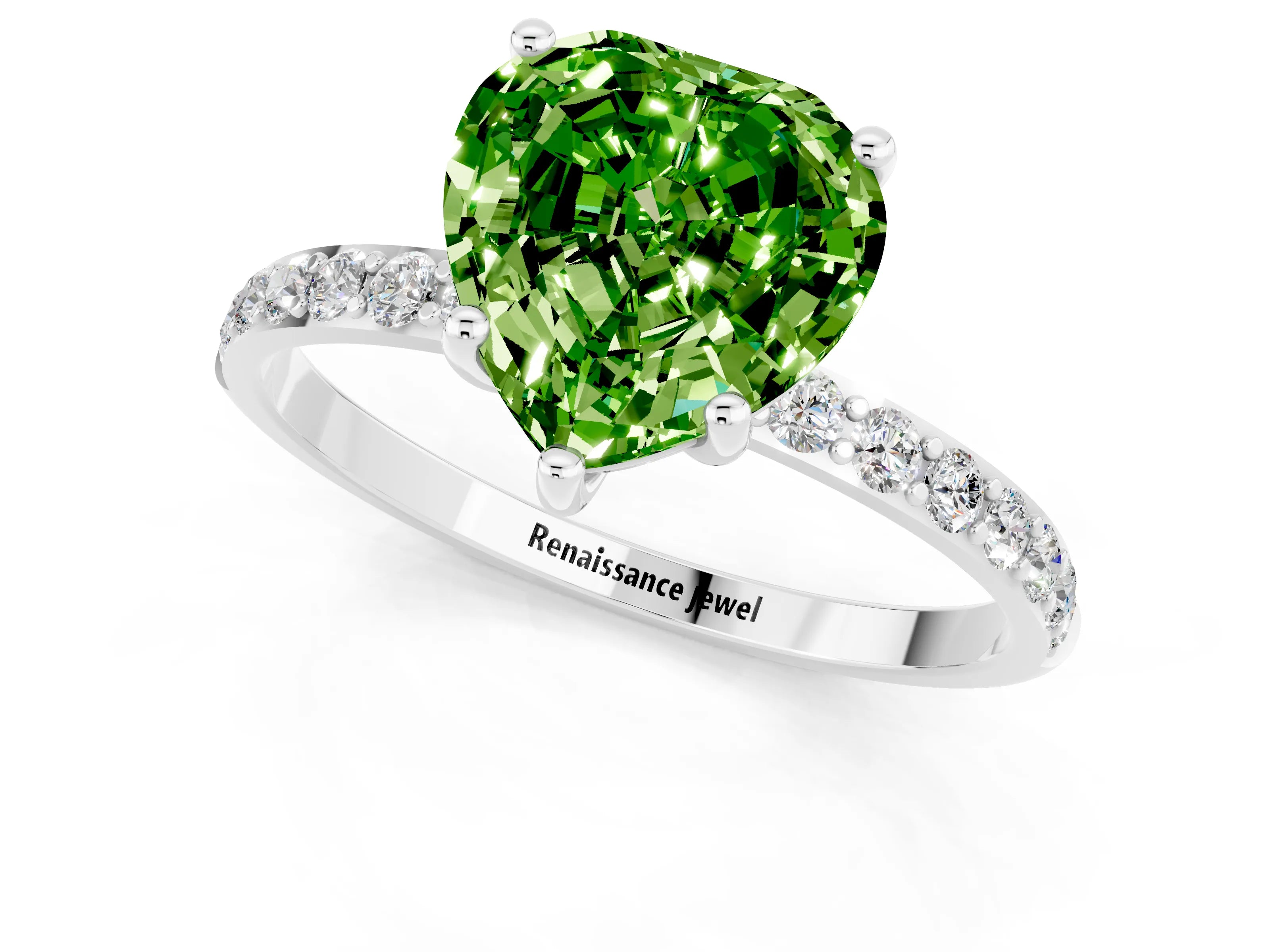 White gold Heart Cut Peridot Solitaire Ring with Pave Band and Four Prong Setting_25