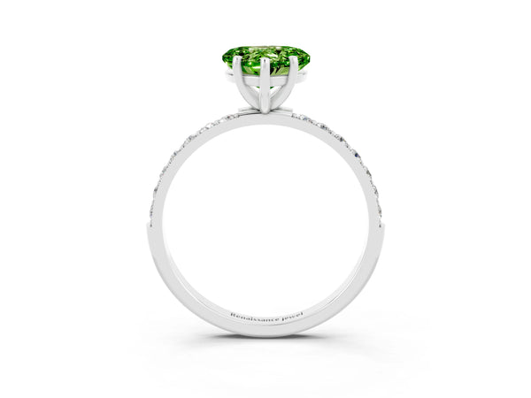 Platinum Heart Cut Peridot Solitaire Ring with Round  Pavé Band and Prong Setting