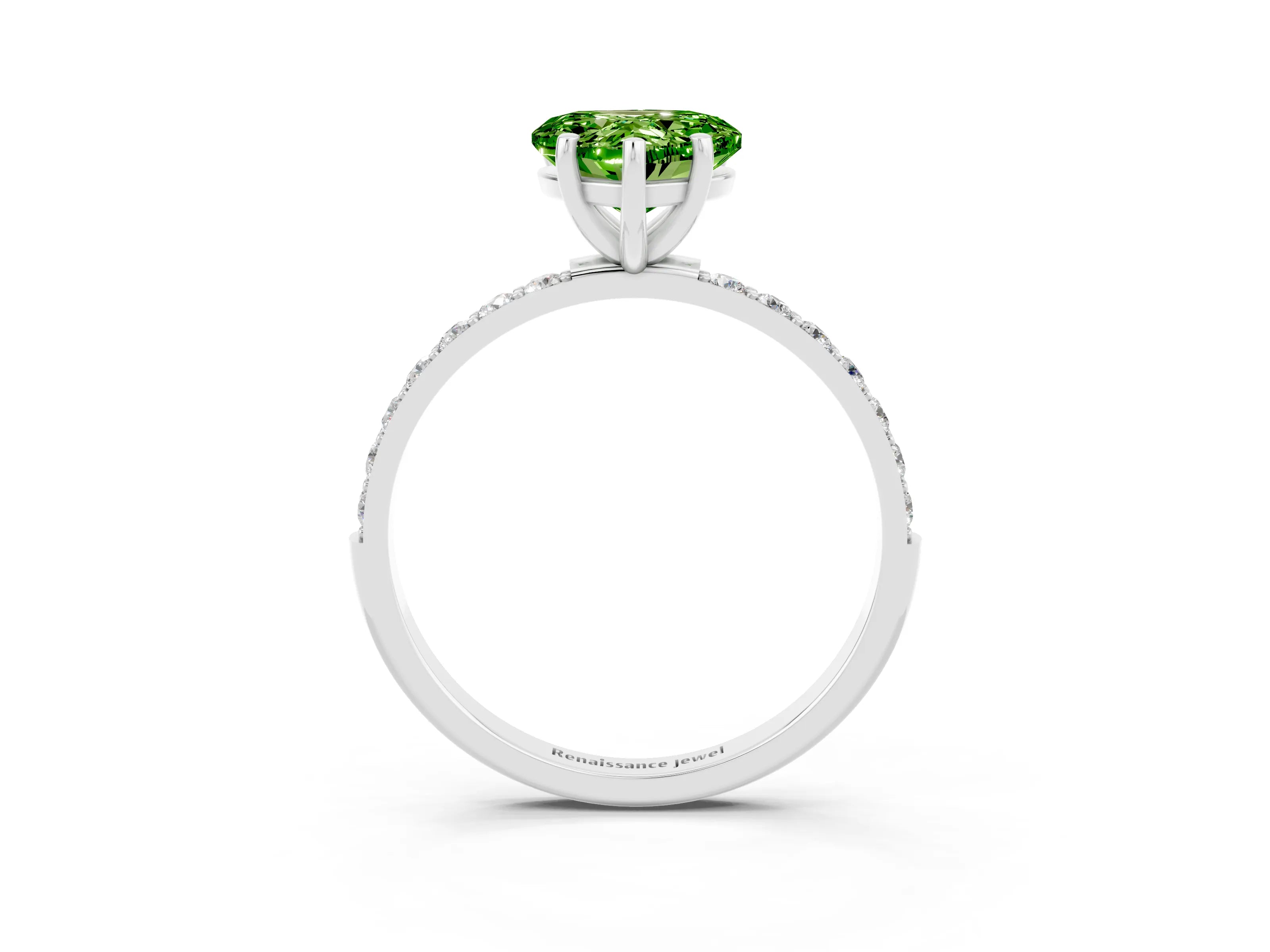 White gold Heart Cut Peridot Solitaire Ring with Pave Band and Four Prong Setting_27