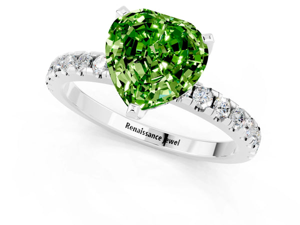 White gold Heart Cut Peridot Solitaire Ring with Round  Pavé Band and Four-Prong Setting