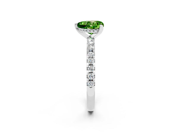 White gold Heart Cut Peridot Solitaire Ring with Round  Pavé Band and Four-Prong Setting