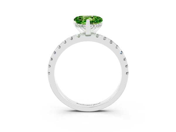 White gold Heart Cut Peridot Solitaire Ring with Round  Pavé Band and Four-Prong Setting