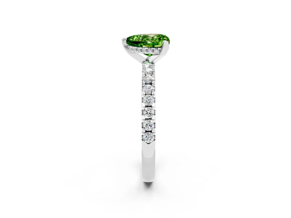 White gold Heart Cut Peridot Solitaire Ring with Round Pavé Band and Four-Prong Setting