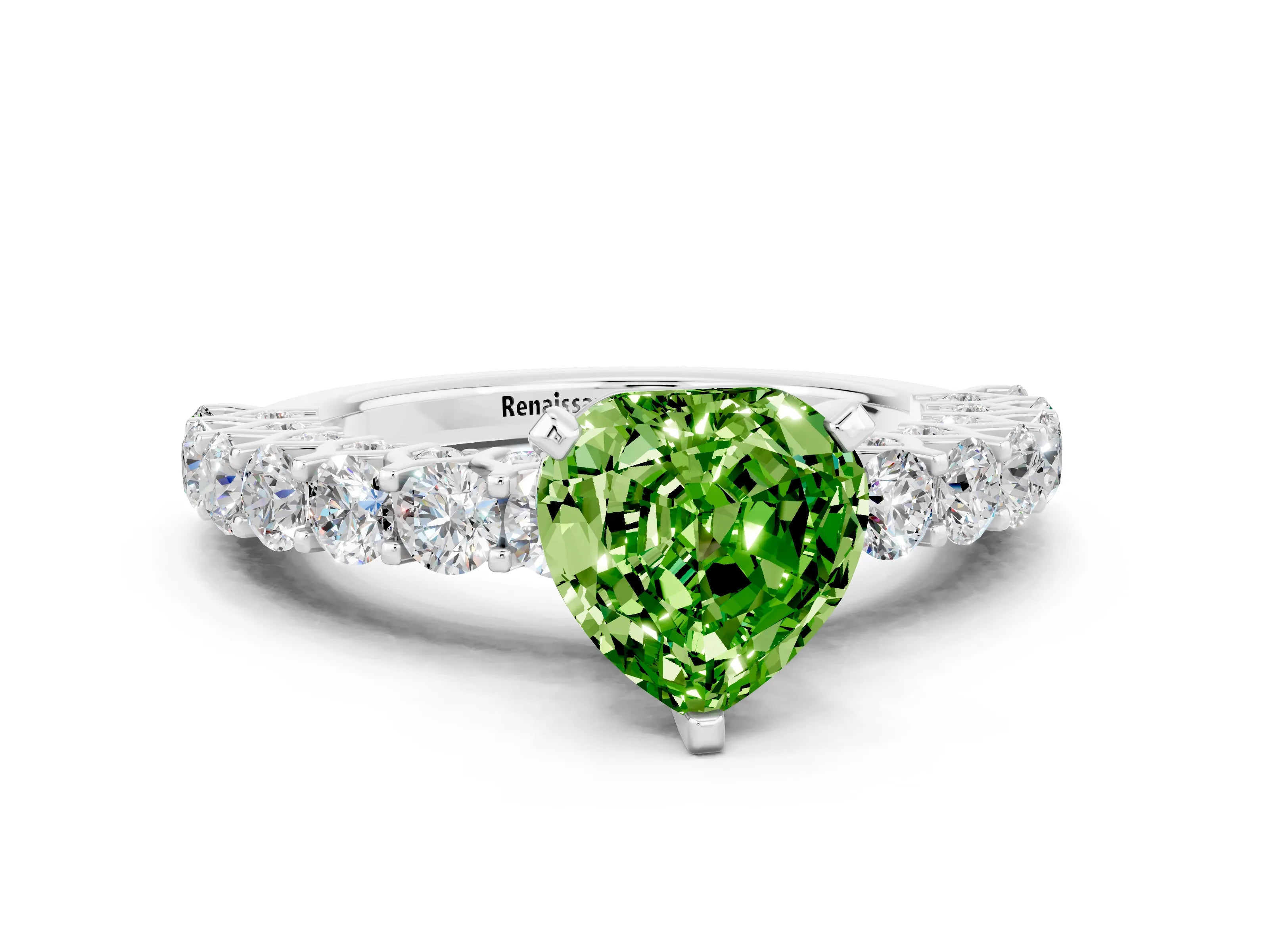 White gold Heart Cut Peridot Solitaire Ring with Shared Prong Pavé Band and Four-Prong Setting