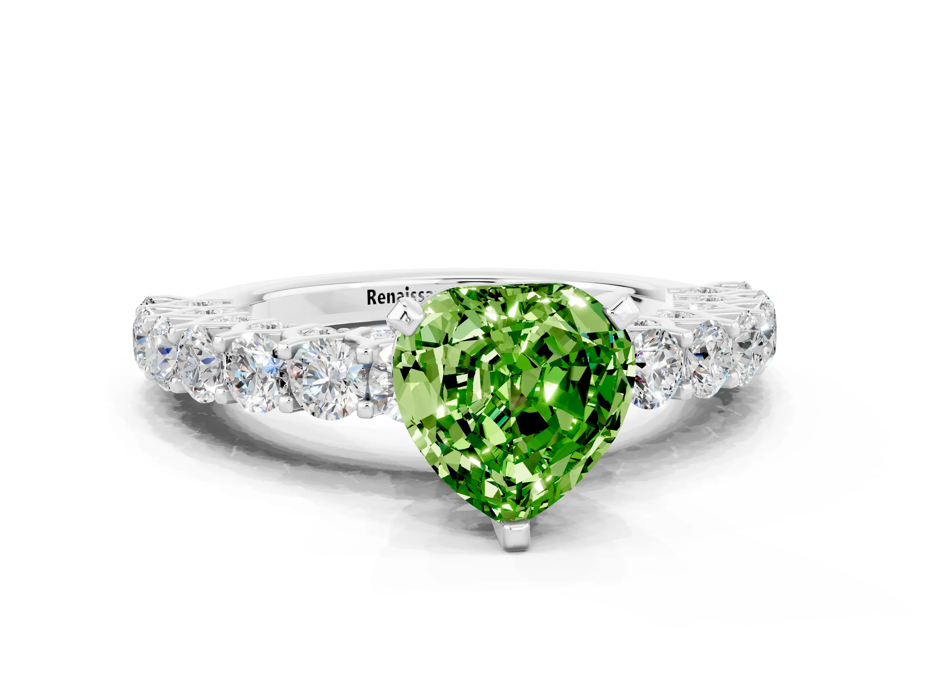 White gold Heart Cut Peridot Solitaire Ring with Shared Prong Pavé Band and Four-Prong Setting_12