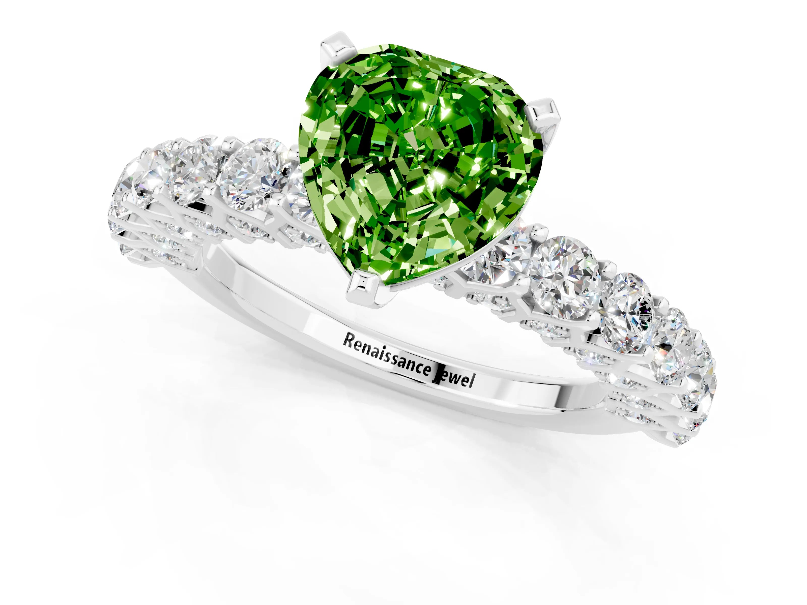 White gold Heart Cut Peridot Solitaire Ring with Shared Prong Pavé Band and Four-Prong Setting_13