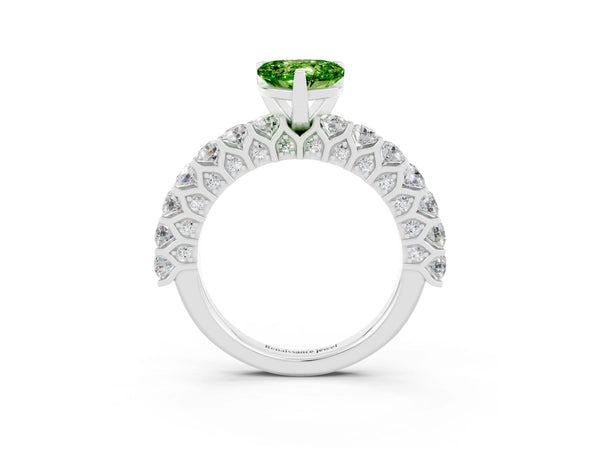 Platinum Heart Cut Peridot Solitaire Ring with Shared Prong Pavé Band and Four-Prong Setting