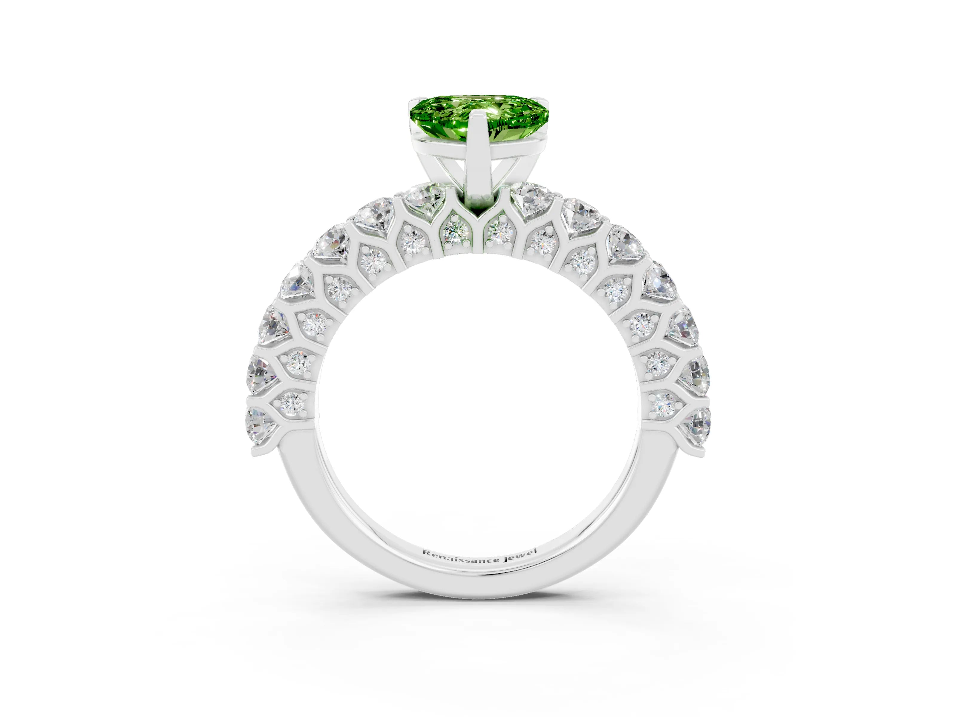 White gold Heart Cut Peridot Solitaire Ring with Shared Prong Pavé Band and Four-Prong Setting_15
