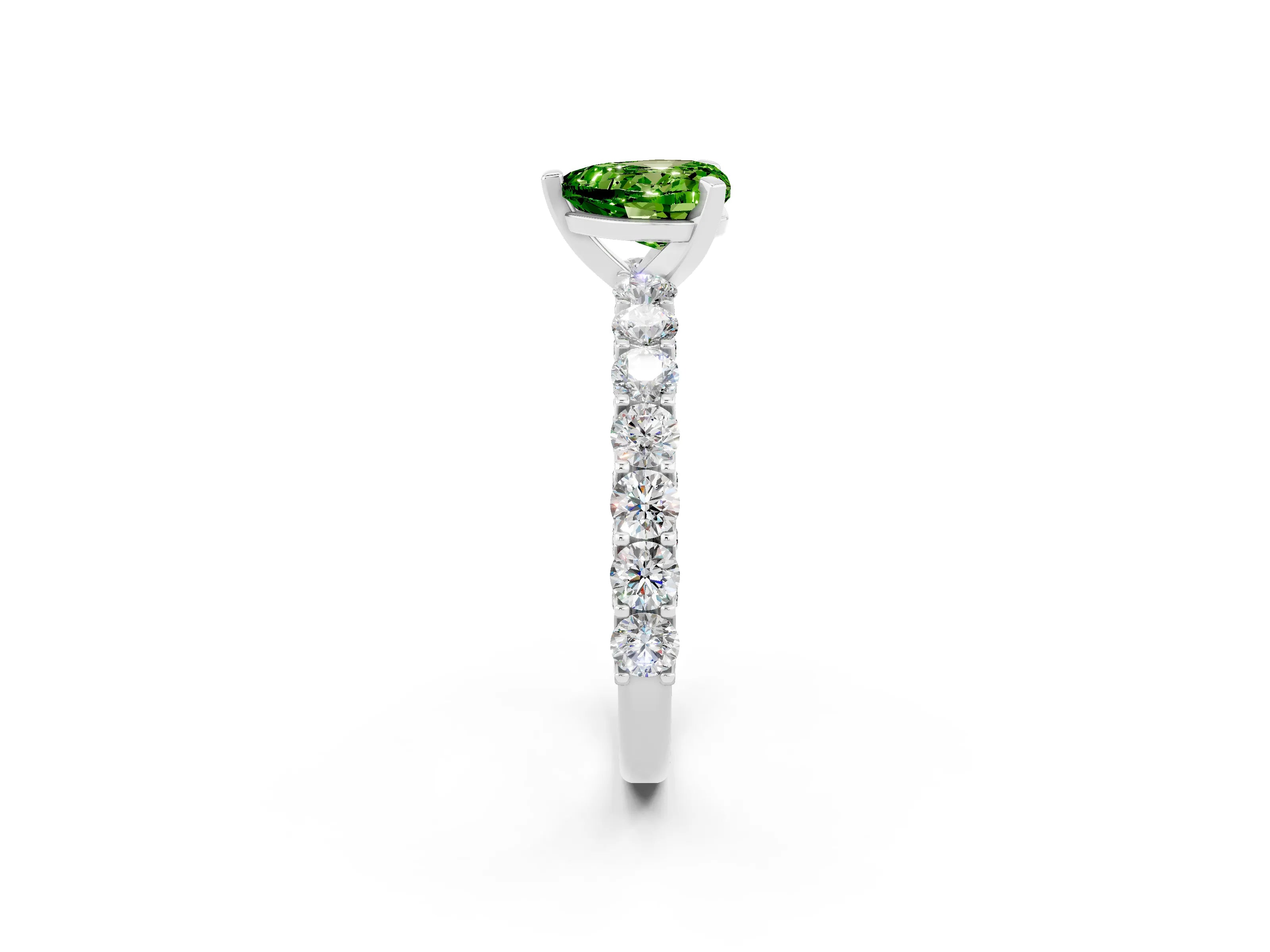 White gold Heart Cut Peridot Solitaire Ring with Shared Prong Pavé Band and Four-Prong Setting_2