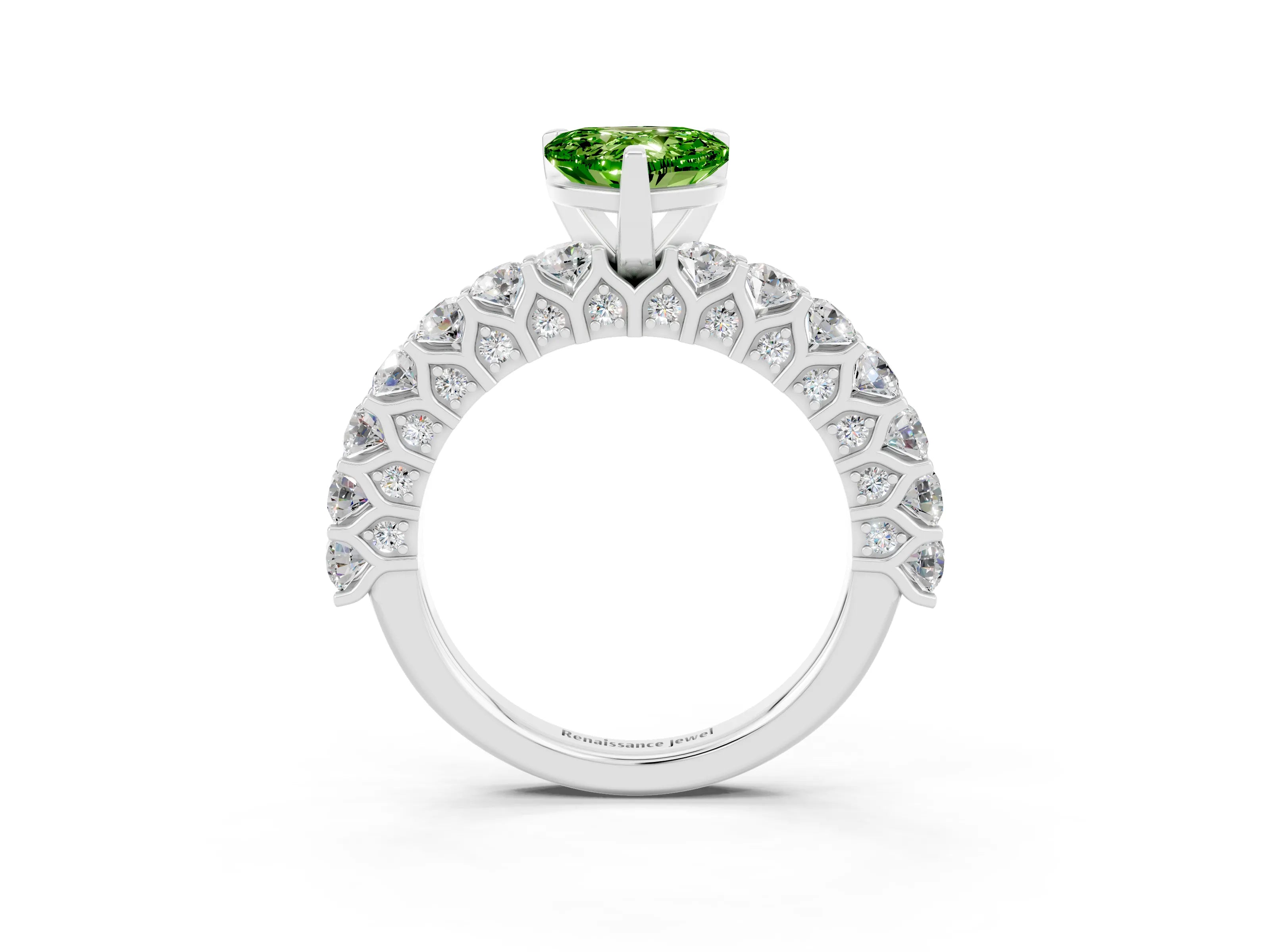 White gold Heart Cut Peridot Solitaire Ring with Shared Prong Pavé Band and Four-Prong Setting_3