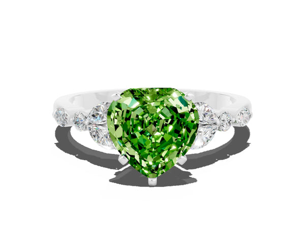 Silver Heart Cut Peridot Solitaire Ring with Side Stones and Four-Prong Setting