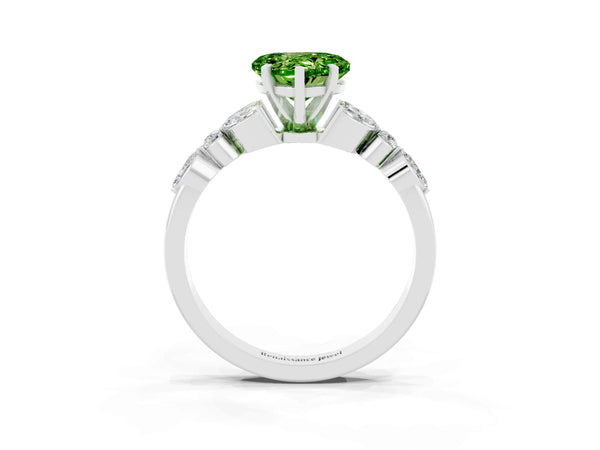 Platinum Heart Cut Peridot Solitaire Ring with Side Stones and Four-Prong Setting