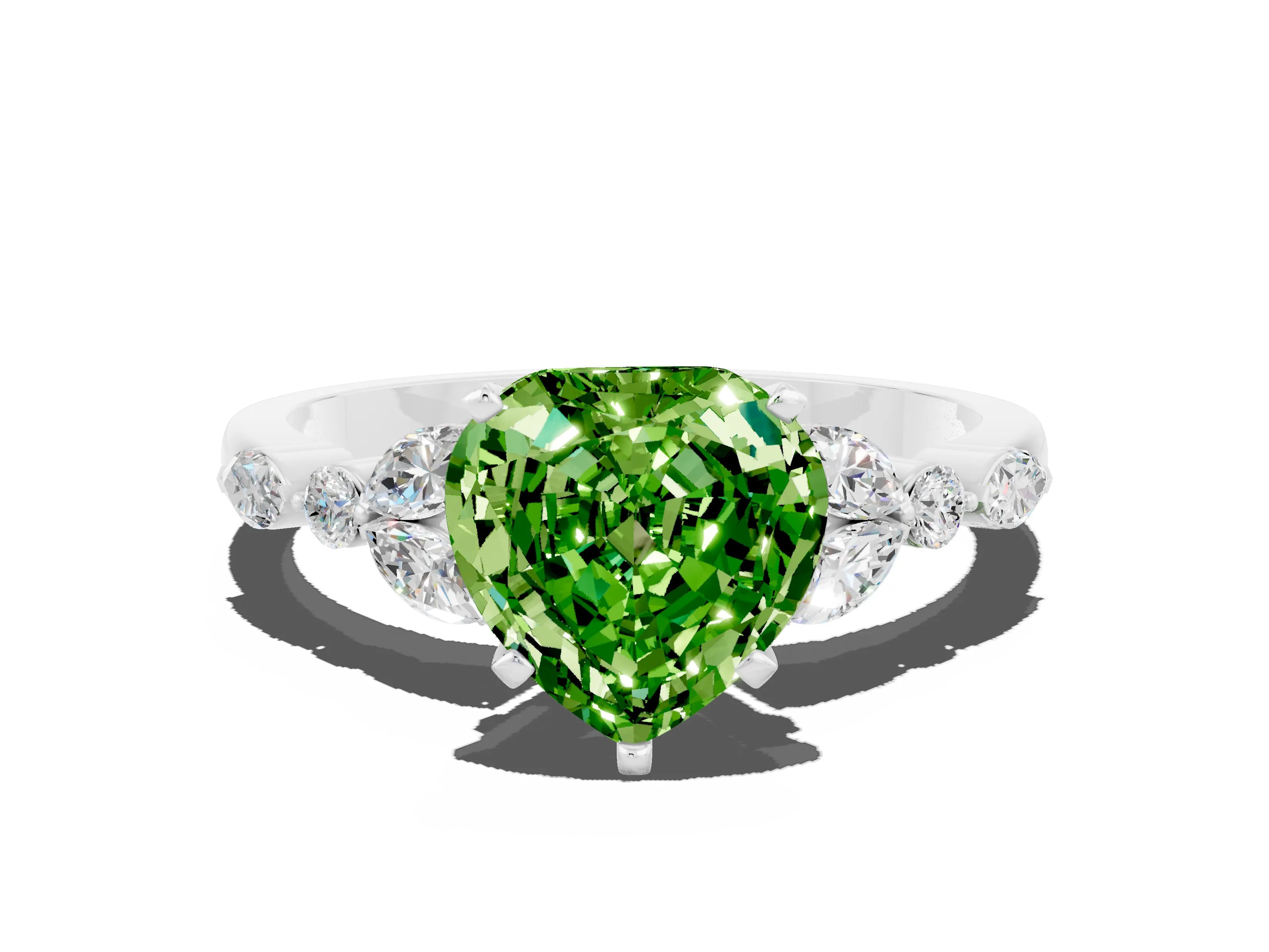 White gold Heart Cut Peridot Solitaire Ring with Side Stones and Four-Prong Setting_36