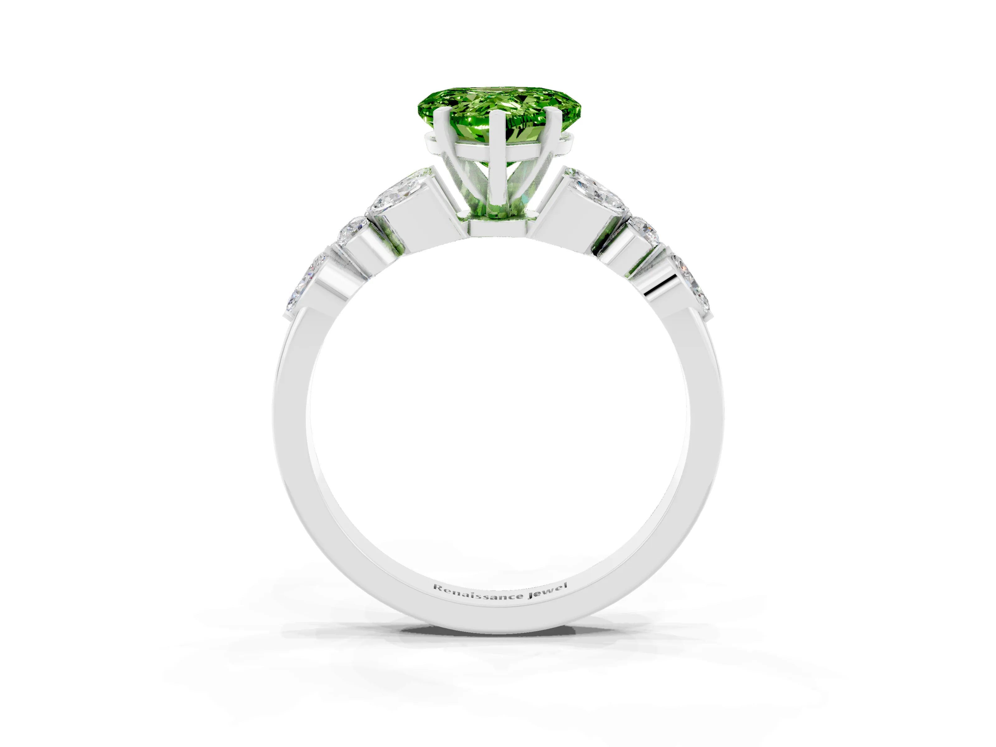 White gold Heart Cut Peridot Solitaire Ring with Side Stones and Four-Prong Setting_39