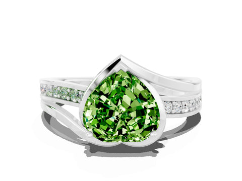 White gold Heart Cut Peridot Solitaire Ring with Split Shank and Prong Setting
