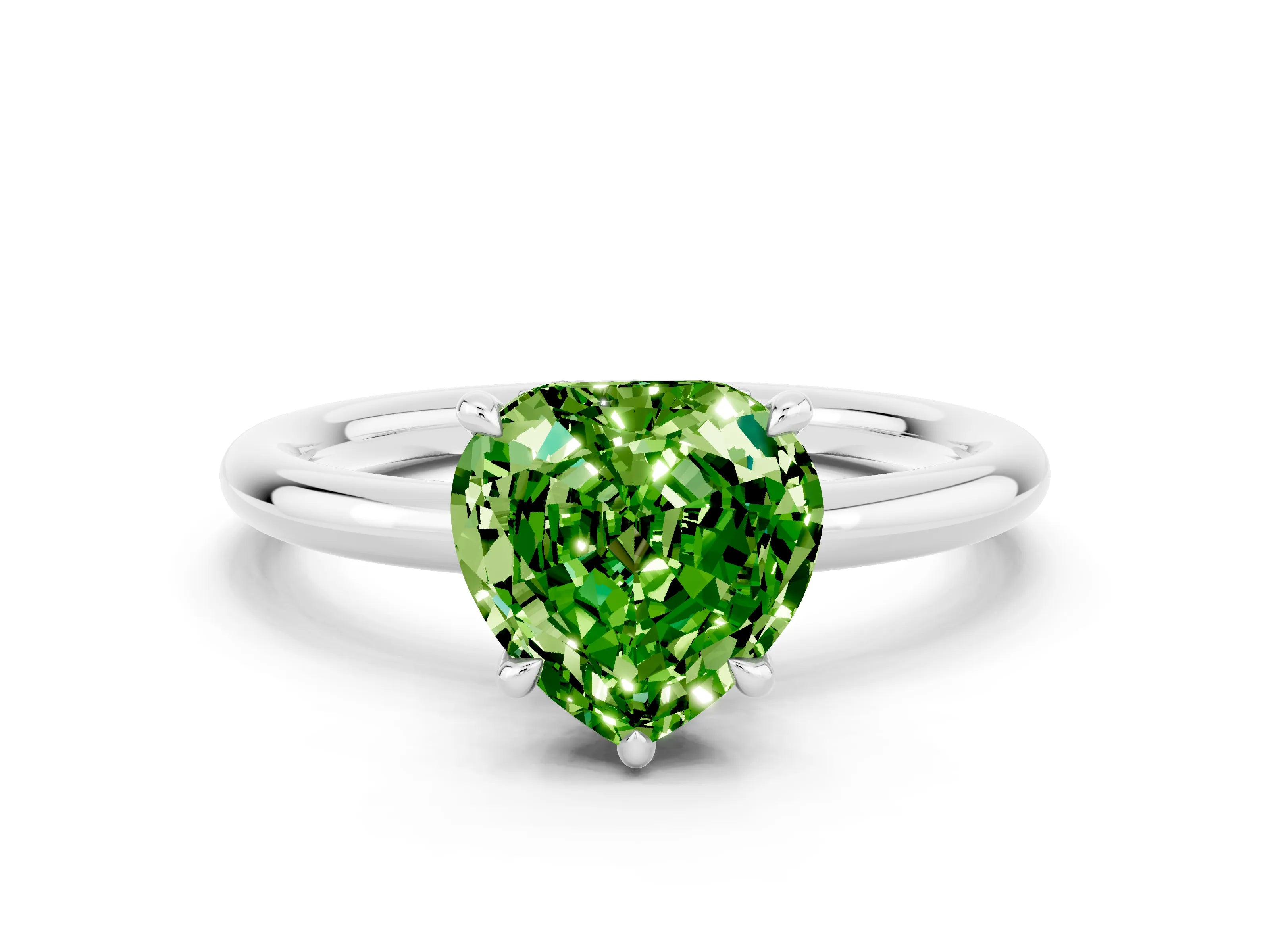 White gold Heart Cut Peridot Solitaire Ring with Thin Band and Four-Prong Setting