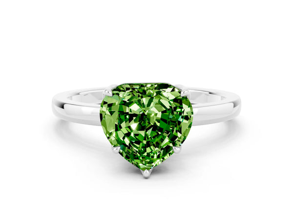 White gold Heart Cut Peridot Solitaire Ring with Thin Band and Prong Setting
