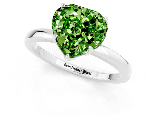 White gold Heart Cut Peridot Solitaire Ring with Thin Band and Prong Setting