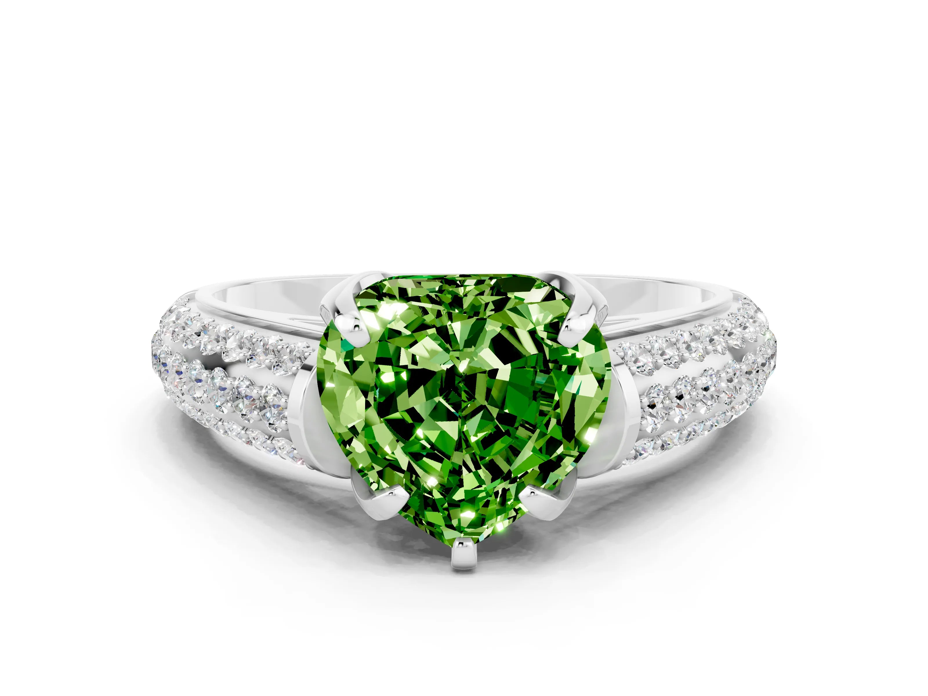 White gold Heart Cut Peridot Solitaire Ring with Three-Row Pavé Band and Four-Prong Setting_12