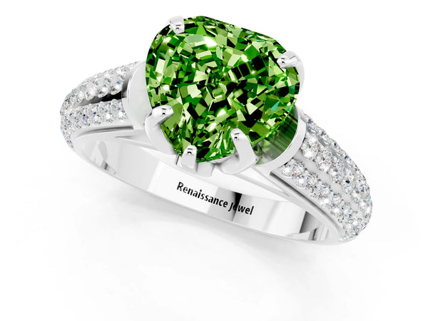 Platinum Heart Cut Peridot Solitaire Ring with Three-Row Pavé Band and Four-Prong Setting