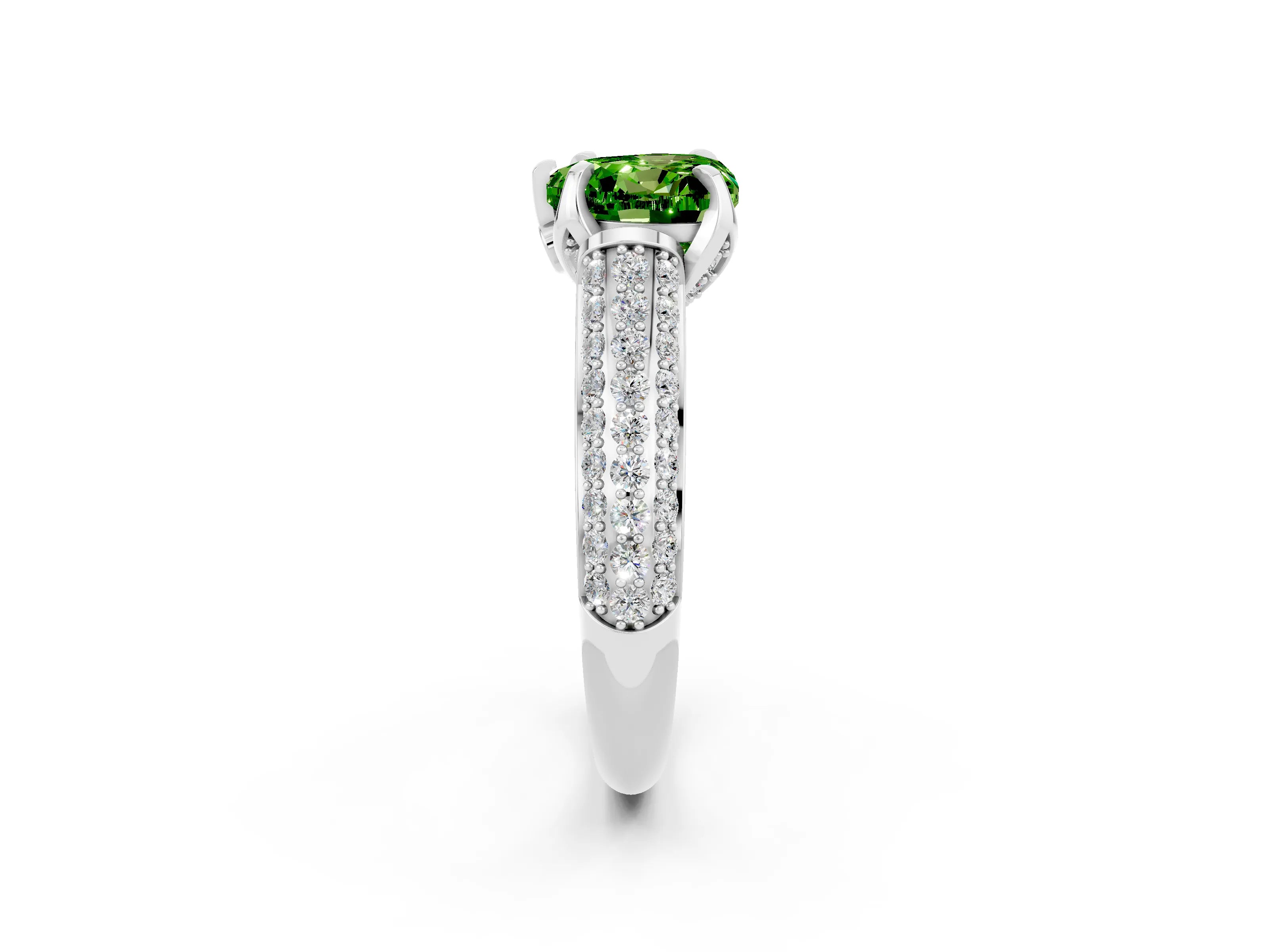 White gold Heart Cut Peridot Solitaire Ring with Three-Row Pavé Band and Four-Prong Setting_14