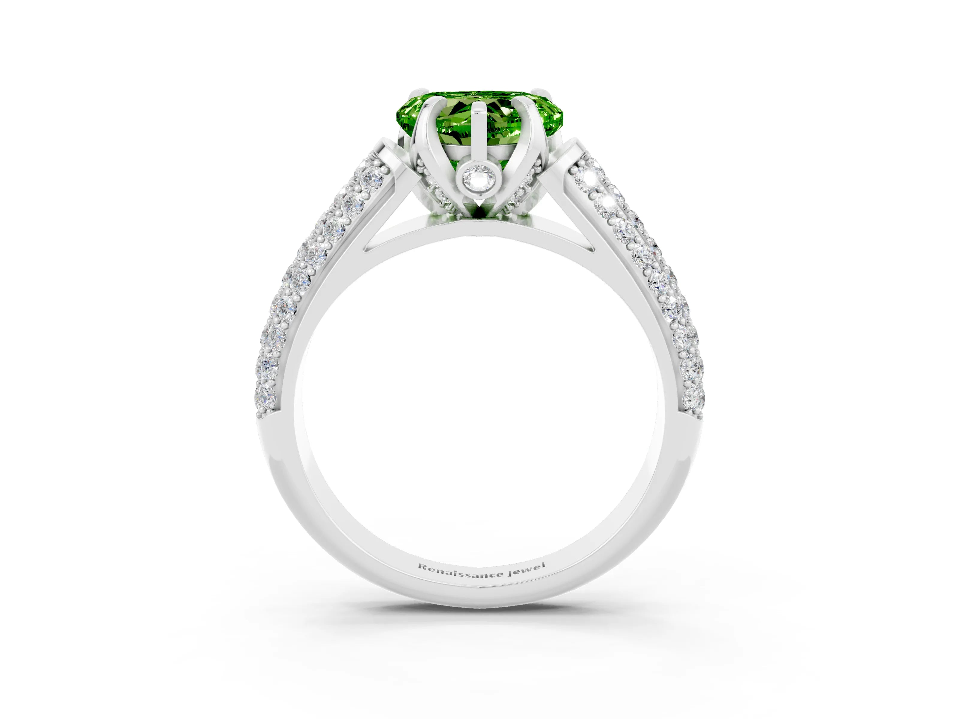 White gold Heart Cut Peridot Solitaire Ring with Three-Row Pavé Band and Four-Prong Setting_15