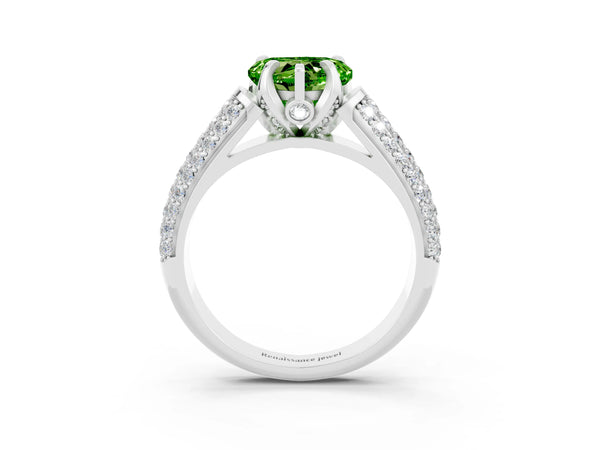 White gold Heart Cut Peridot Solitaire Ring with Three-Row Pavé Band and Four-Prong Setting