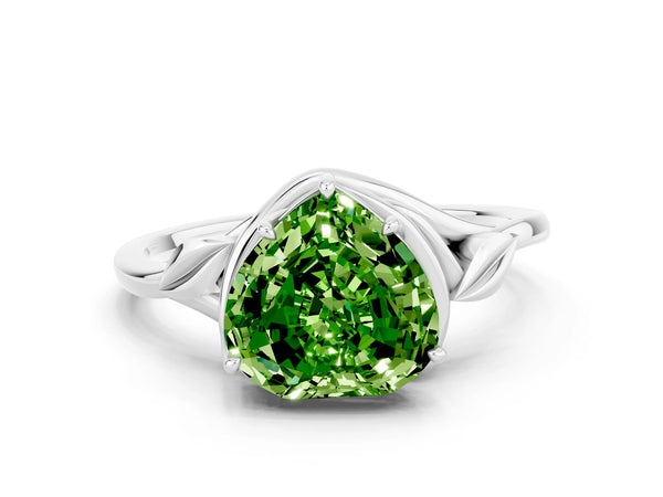 White gold Heart Cut Peridot Solitaire Ring with Twist Band and Four-Prong Setting