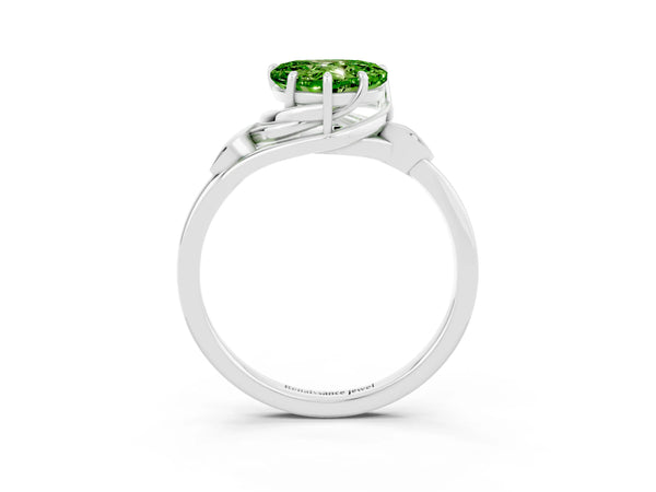 White gold Heart Cut Peridot Solitaire Ring with Twist Band and Four-Prong Setting