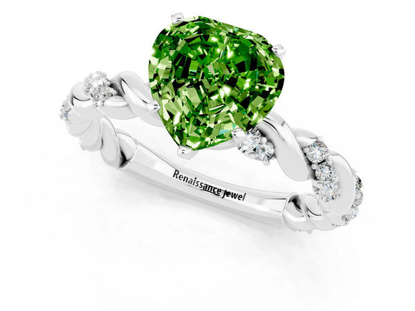 White gold Heart Cut Peridot Solitaire Ring with Twisted Band and Pavé Accents