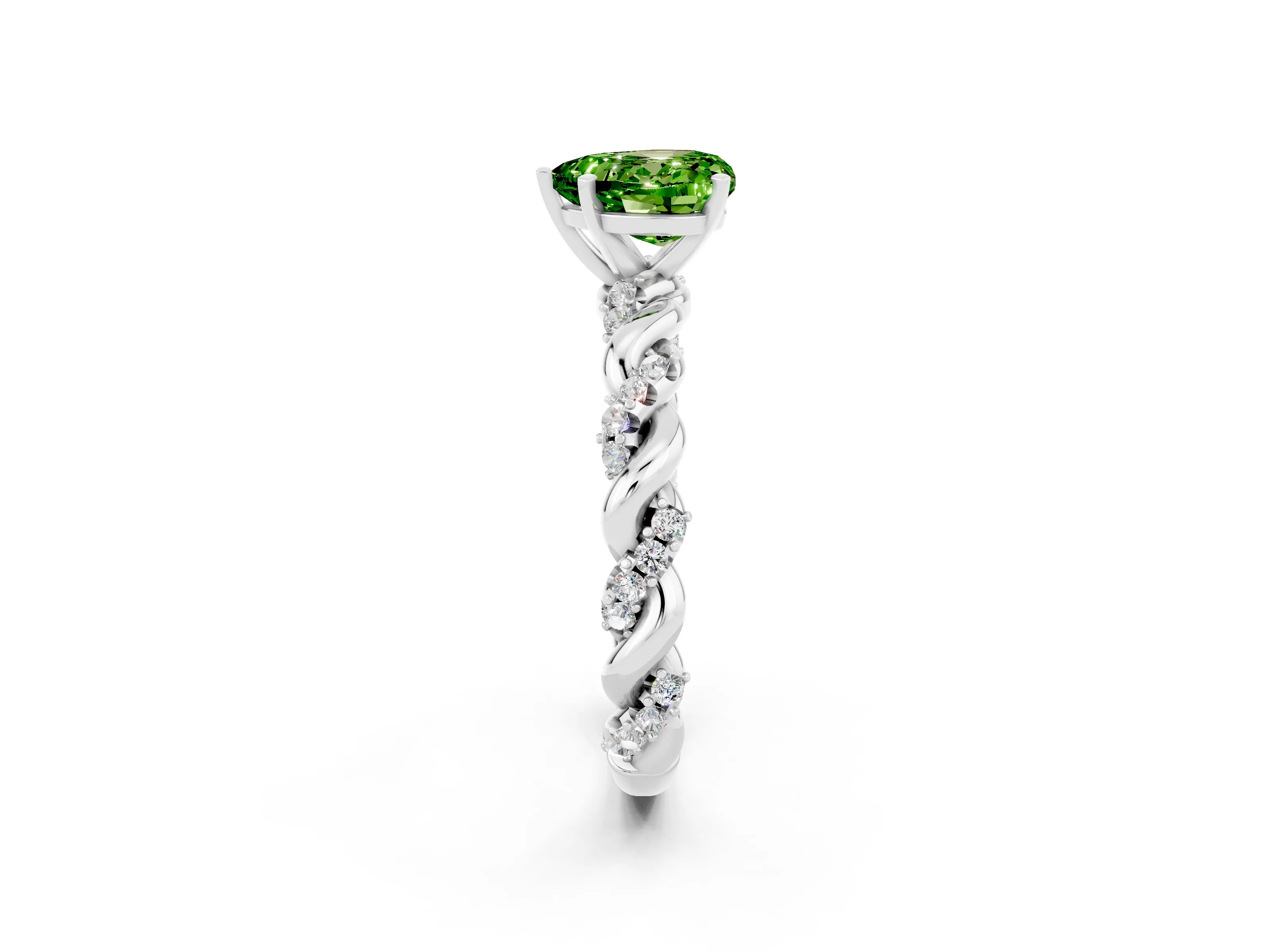 White gold Heart Cut Peridot Solitaire Ring with Twisted Band and Pavé Accents_2