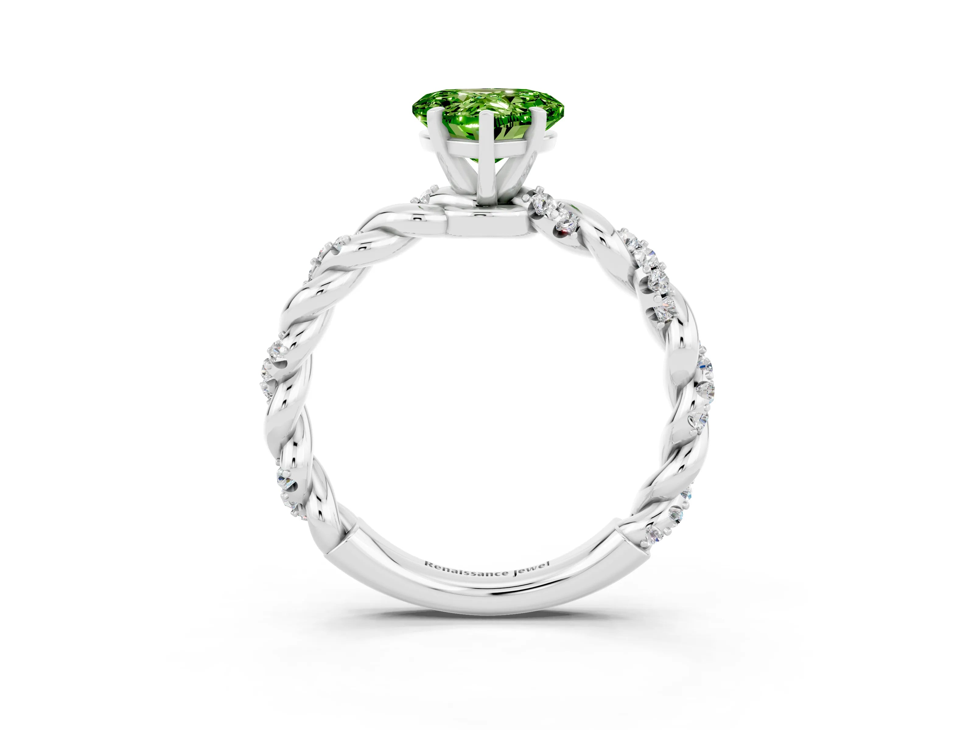 White gold Heart Cut Peridot Solitaire Ring with Twisted Band and Pavé Accents_3