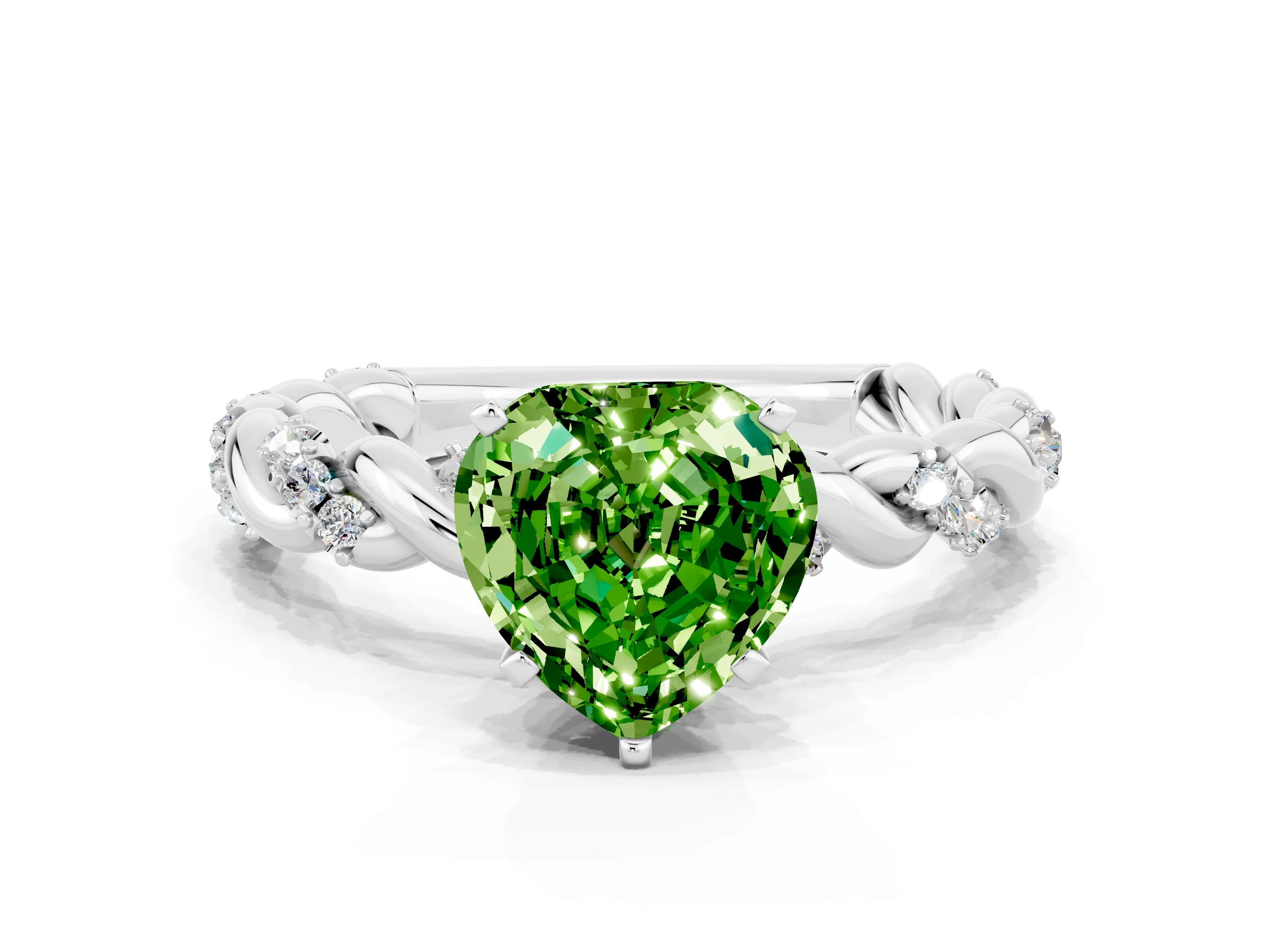 White gold Heart Cut Peridot Solitaire Ring with Twisted Band and Pavé Accents