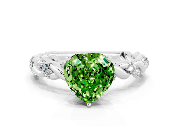 Silver Heart Cut Peridot Solitaire Ring with Twisted Band and Pavé Accents