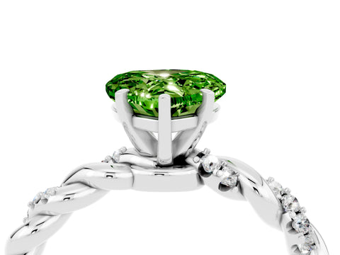 White gold Heart Cut Peridot Solitaire Ring with Twisted Band and Pavé Accents_4