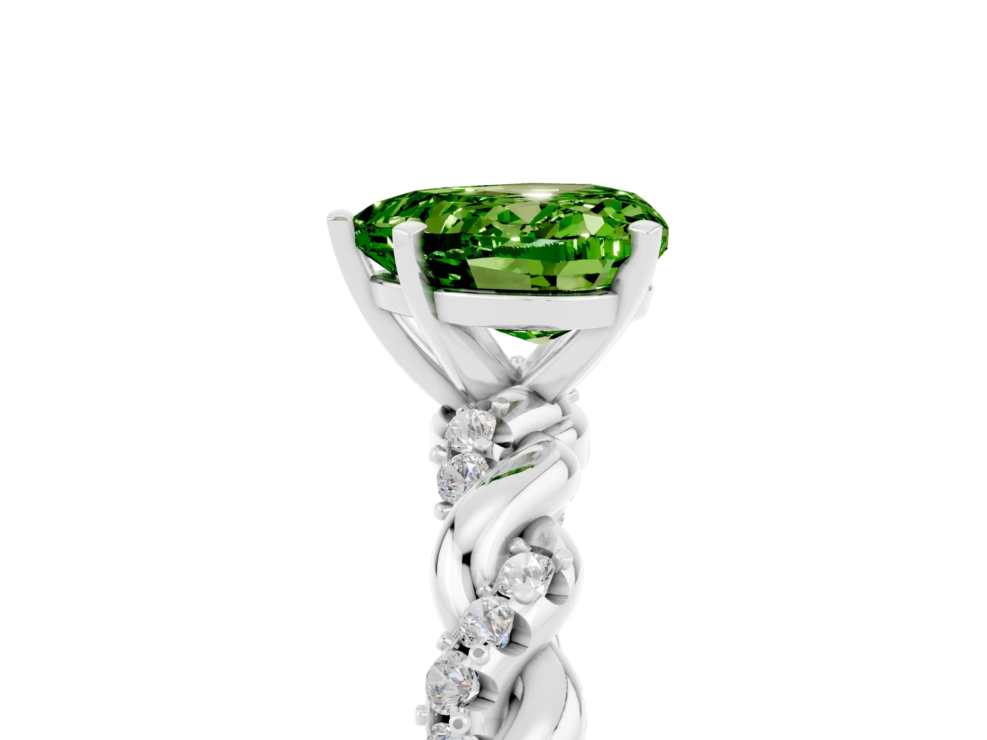 White gold Heart Cut Peridot Solitaire Ring with Twisted Band and Pavé Accents_5