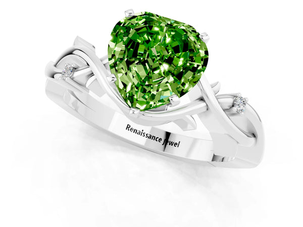 Platinum Heart Cut Peridot Solitaire Ring with Twisted Band and Prong Setting