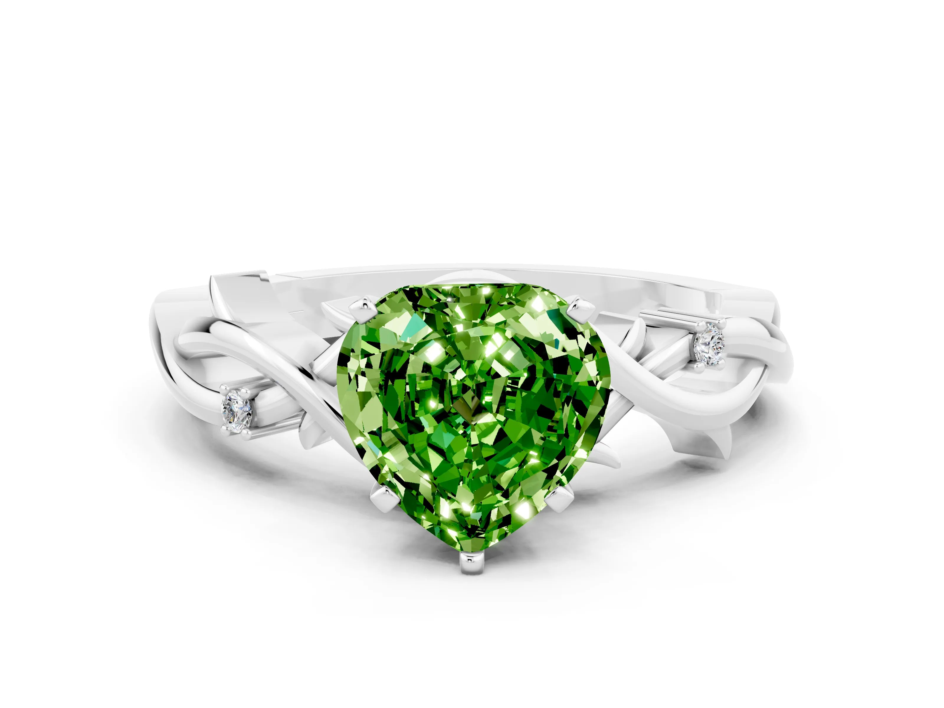 White gold Heart Cut Peridot Solitaire Ring with Twisted Band and Prong Setting_12