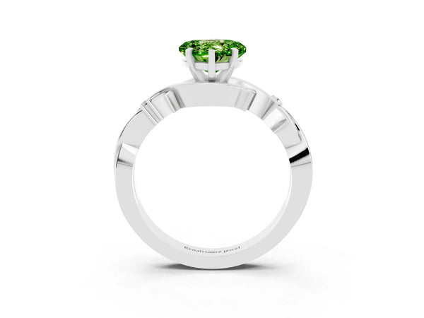 White gold Heart Cut Peridot Solitaire Ring with Twisted Band and Prong Setting