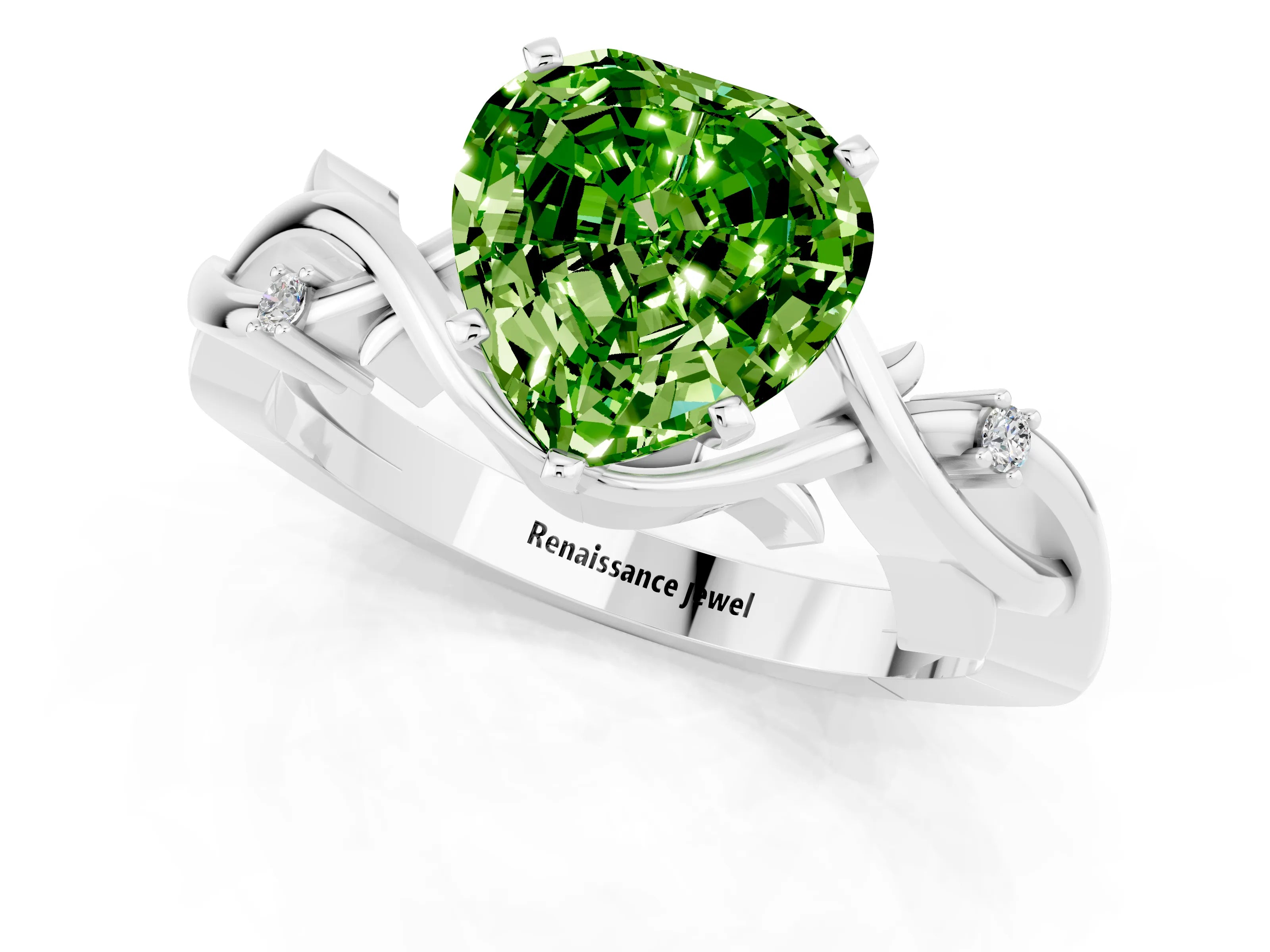 White gold Heart Cut Peridot Solitaire Ring with Twisted Band and Prong Setting_1