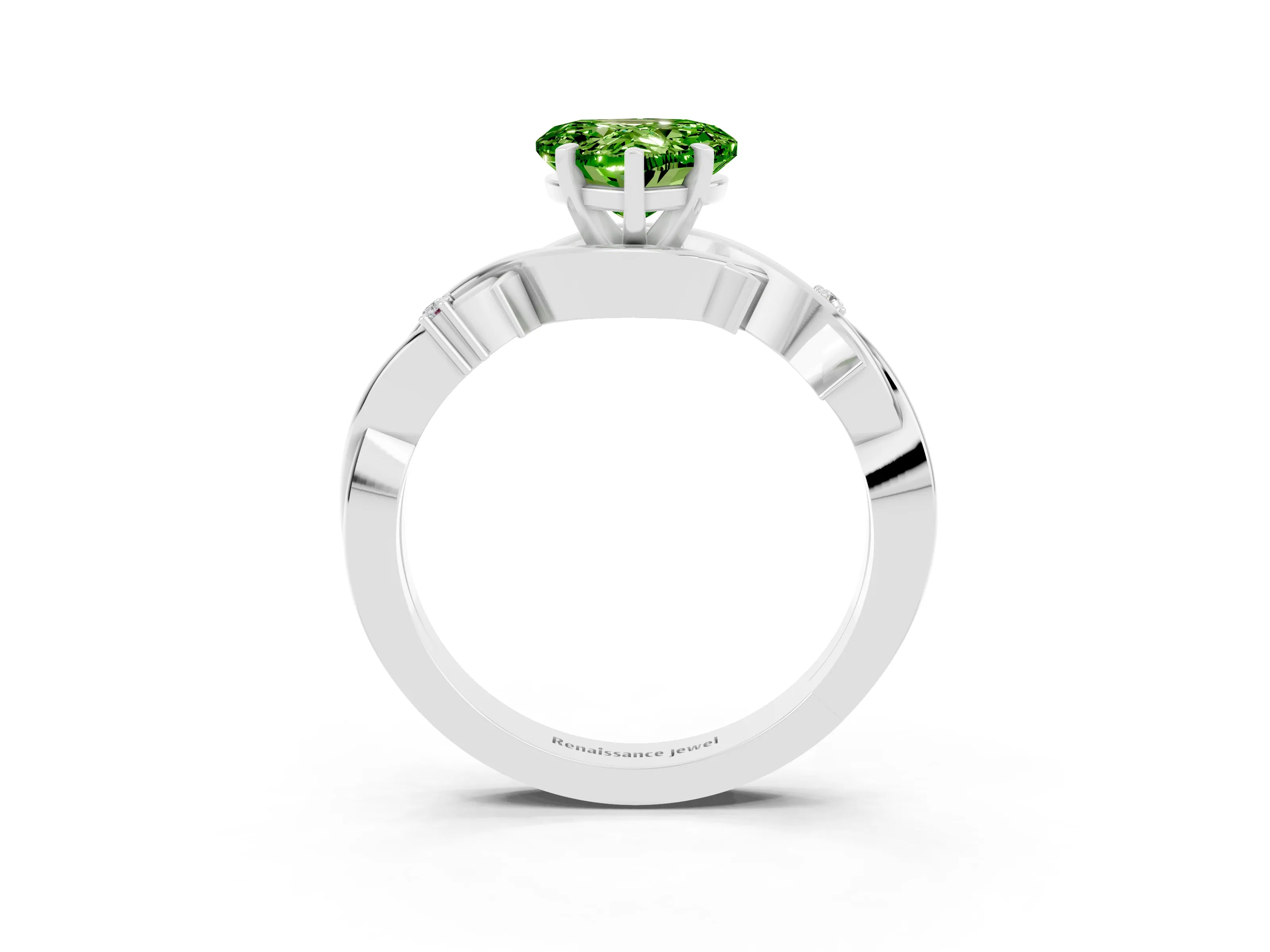 White gold Heart Cut Peridot Solitaire Ring with Twisted Band and Prong Setting_3